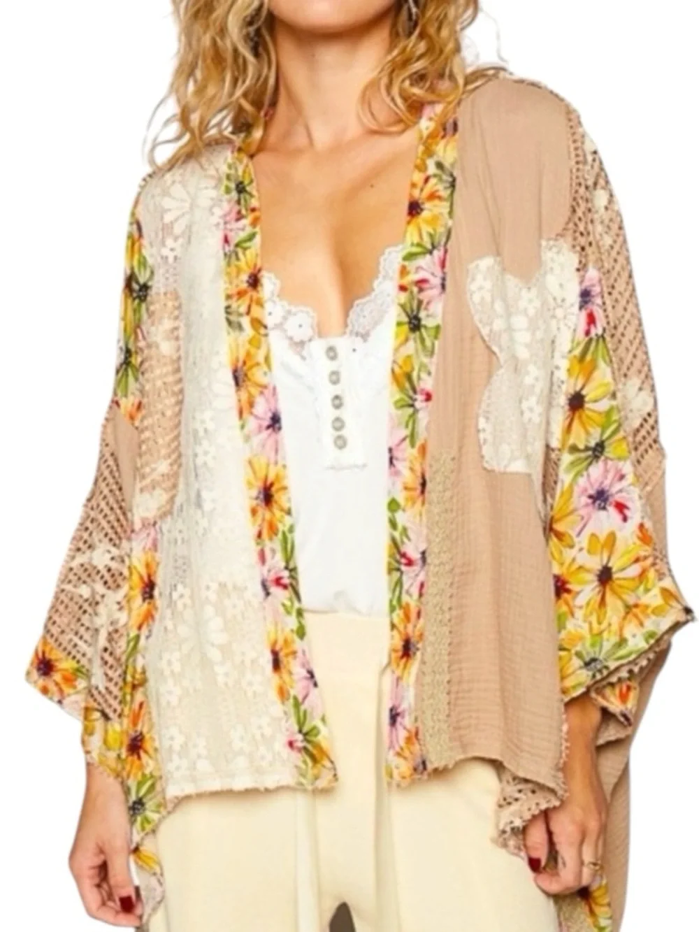 🌸POL Floral Patchwork Kimono Cardigan - Beige & Yellow Large P003